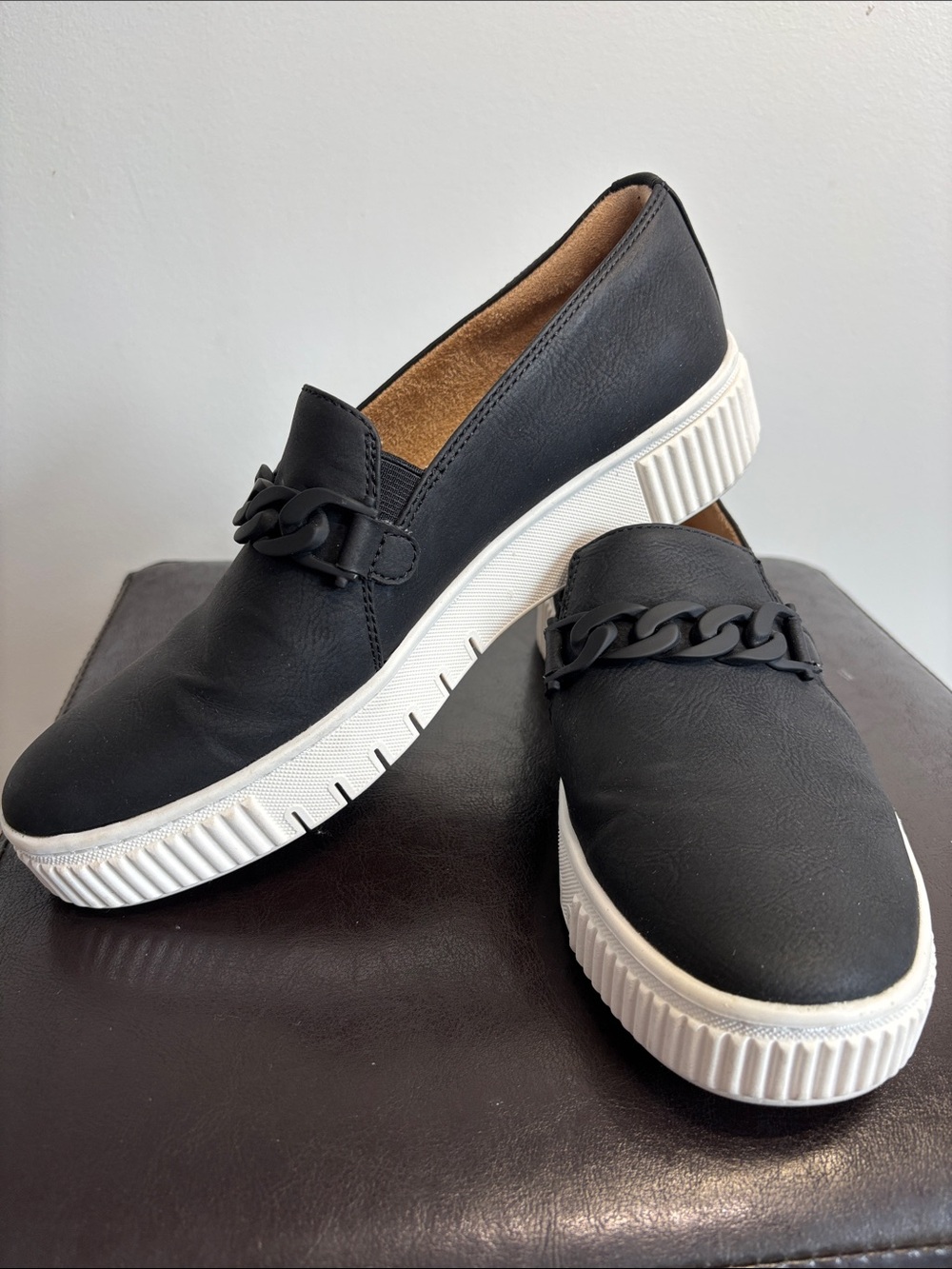 Naturalizer Black Slip-On Loafers with White Platform Sole and Chain Accent